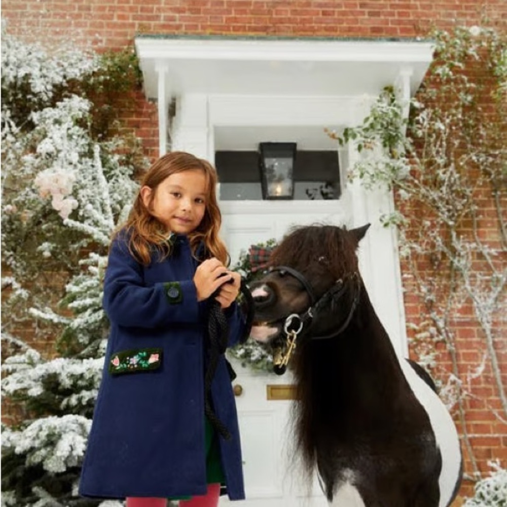 Mini Boden French Navy Wool Coat with Embroidered Accents